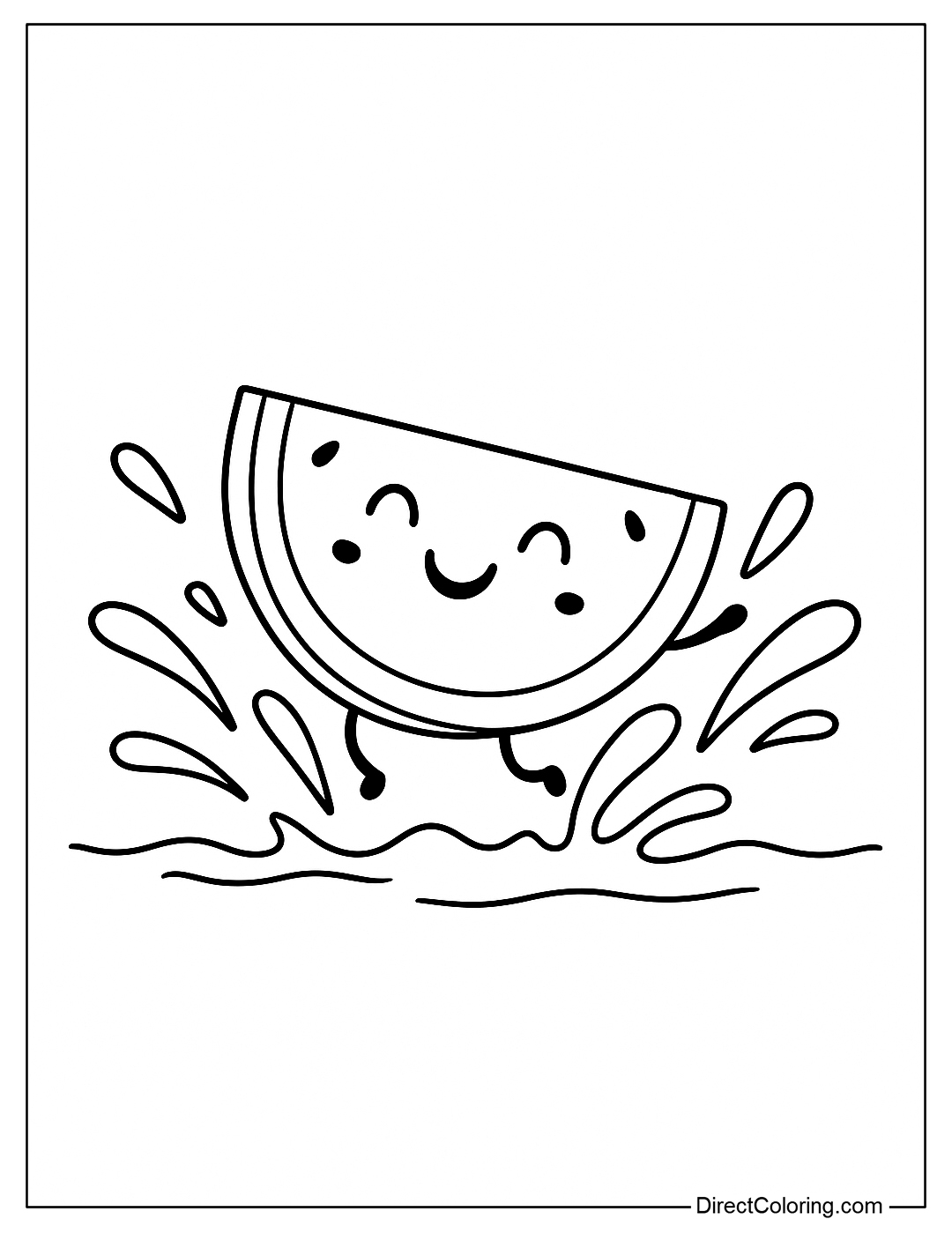 A Slice of Watermelon Coloring Page is jumping into a pool of water, creating a splashing effect.
